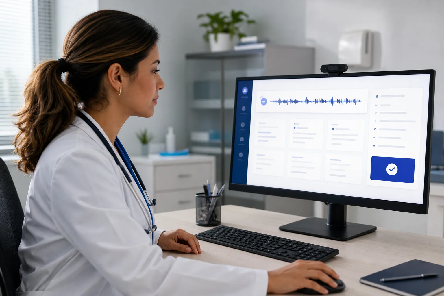 Médica revisa a transcrição estruturada antes de aplicar ao prontuário