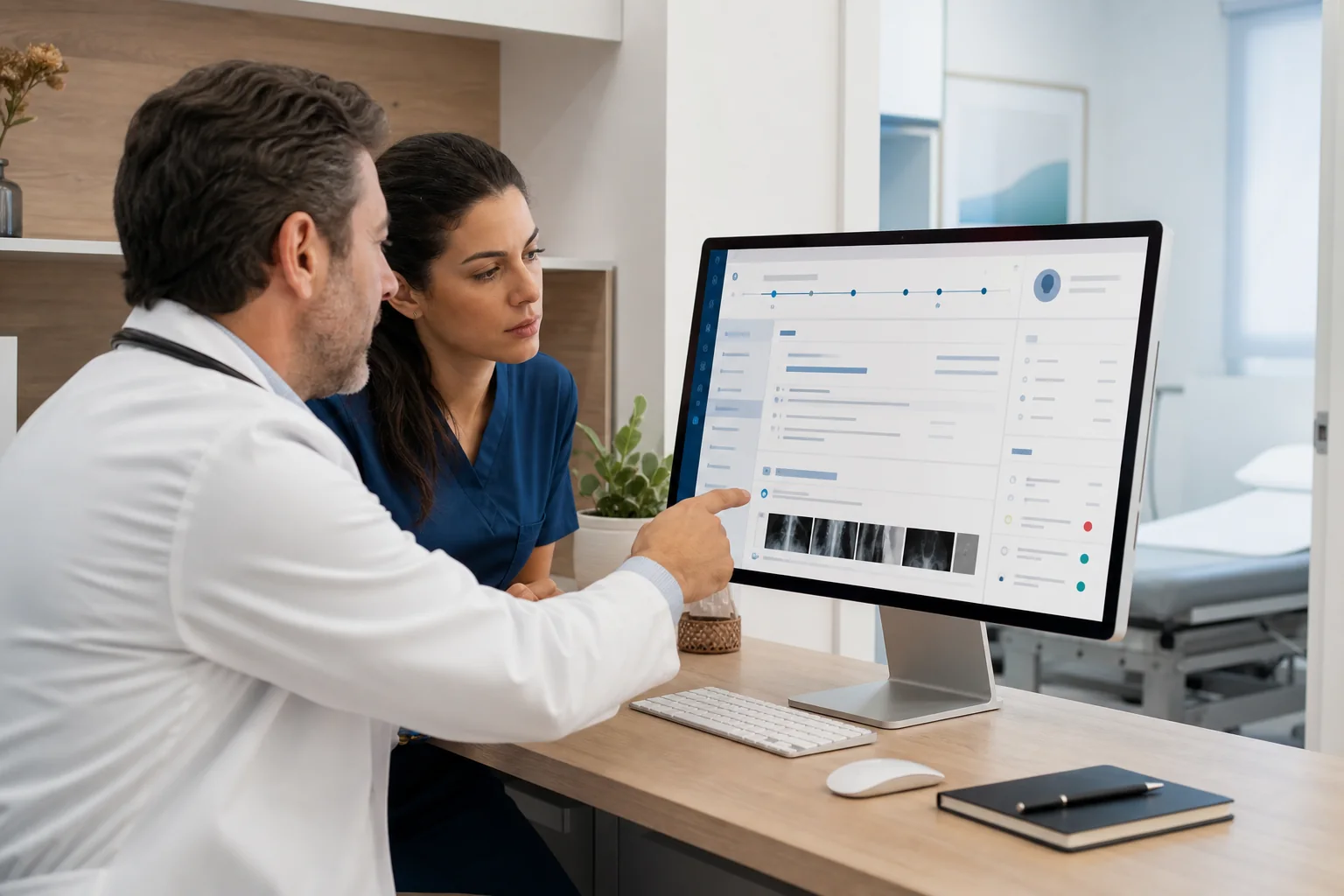 Médico e profissional de enfermagem consultam o prontuário eletrônico