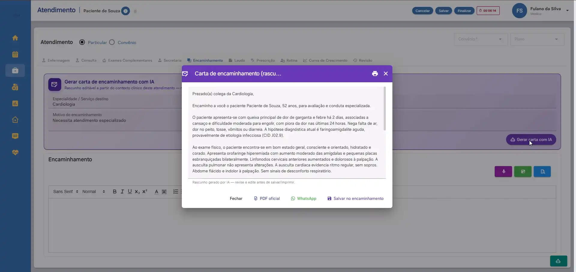 Prontuário e carta de encaminhamento no sistema para clínica Medics