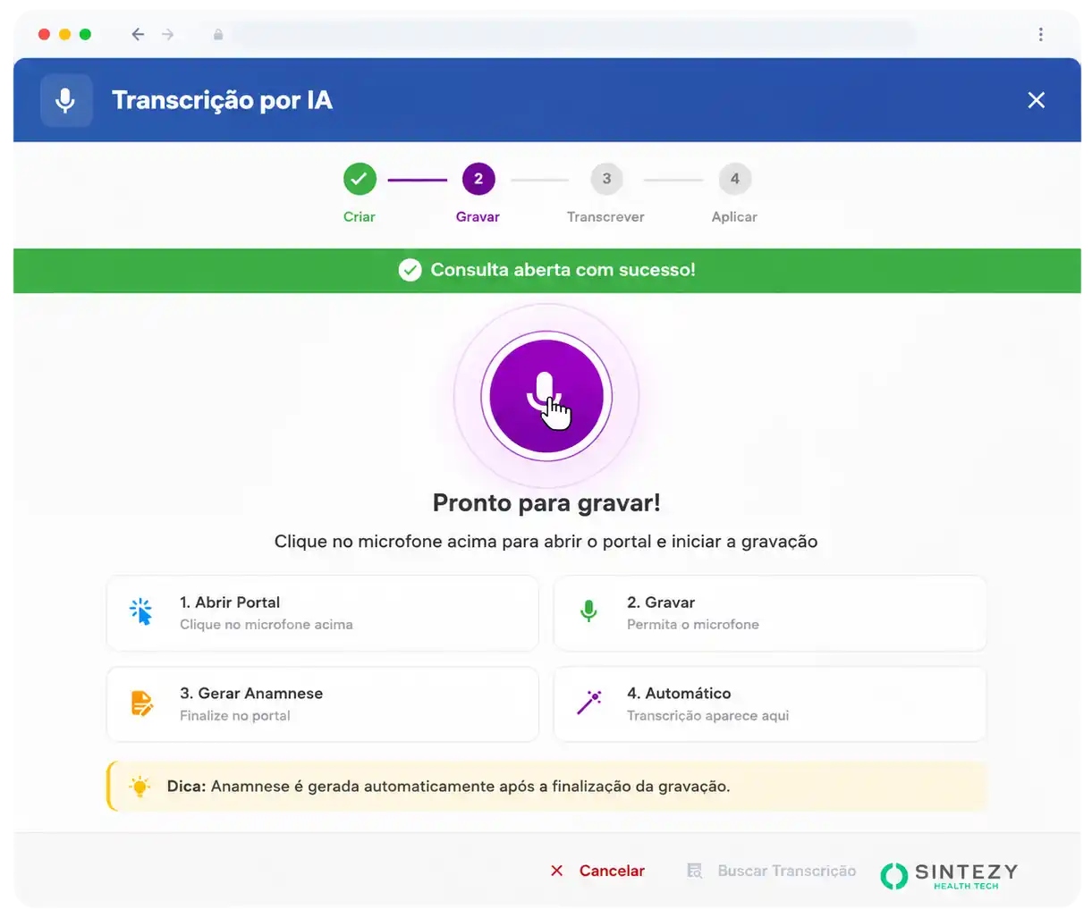 Tela com fluxo de transcrição de consulta por IA - Medics