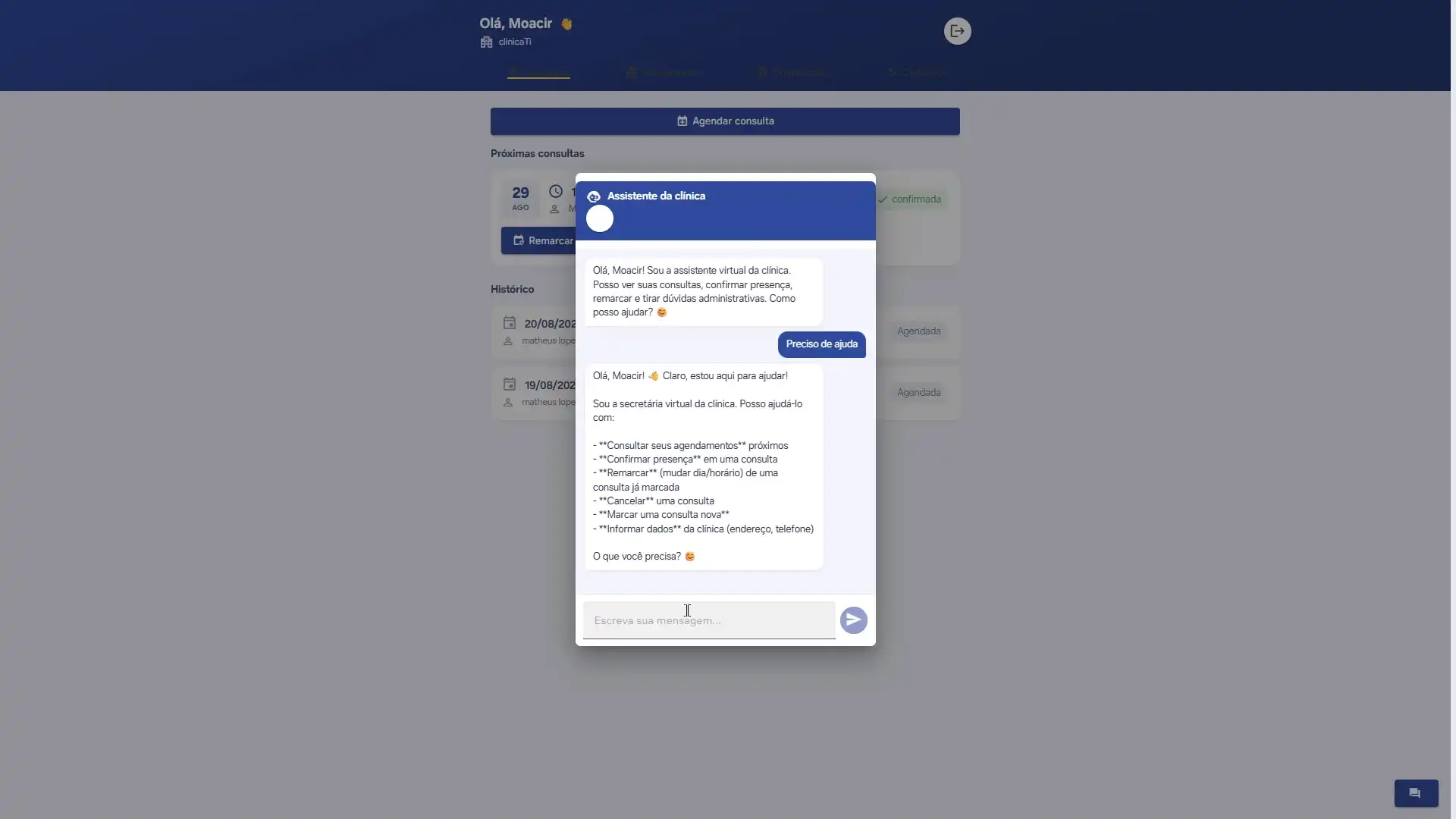 Assistente virtual do portal do paciente integrado ao sistema Medics